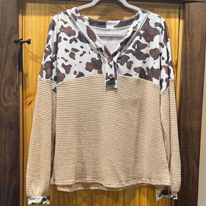 Cow Print and Cream Waffle Knit top XL
